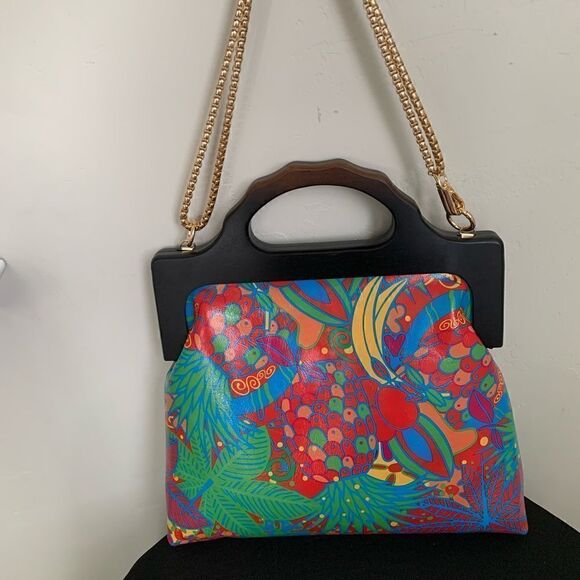 Genuine Leather Fruit Printed Gradient Color Wood Handle bag & 2 Chain Styles - Picture 11 of 16